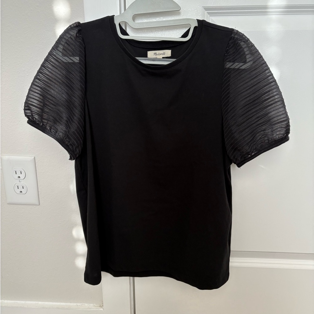 Madewell Black Top with Sheer Sleeves